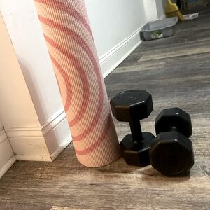 Yoga mat and dumbells